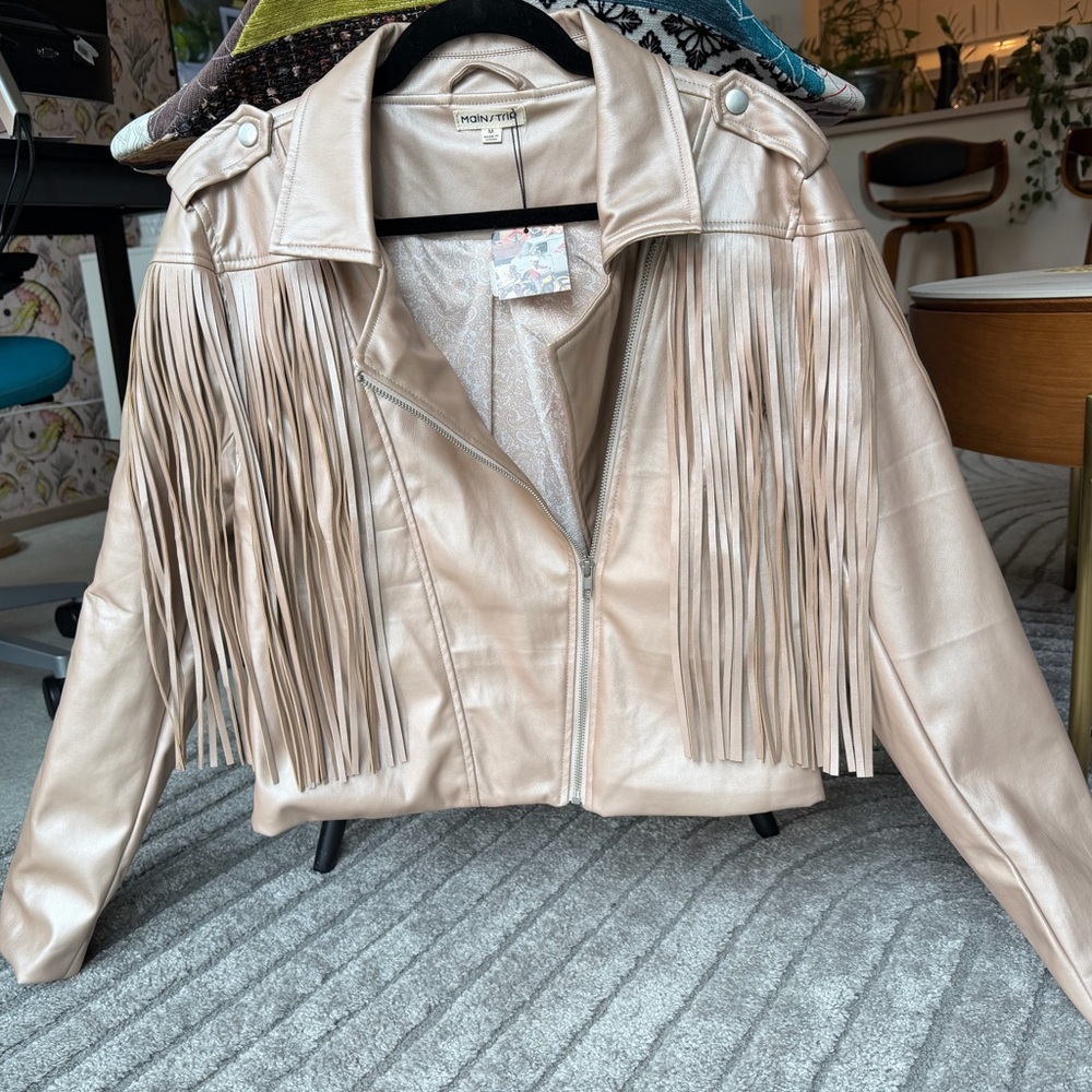 Main Strip Faux Leather Fringe Jacket - Cream Blush